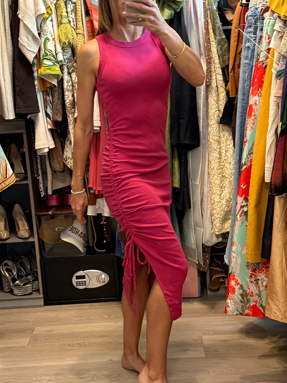 Michael Stars Sleeveless Ruched Midi Dress in Fuchsia Pink